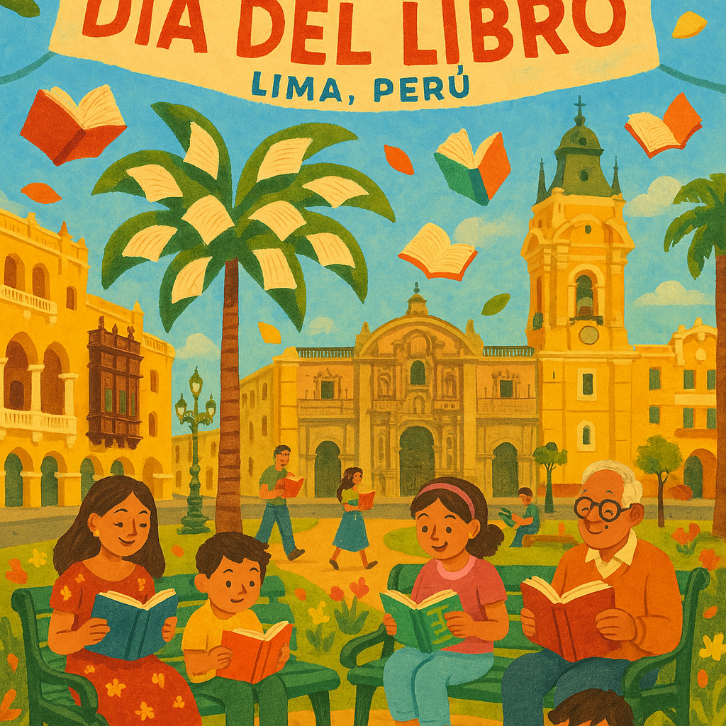 ilustración colorida y alegre para el día del libro en lima, perú. mostrar una plaza limeña con arqu